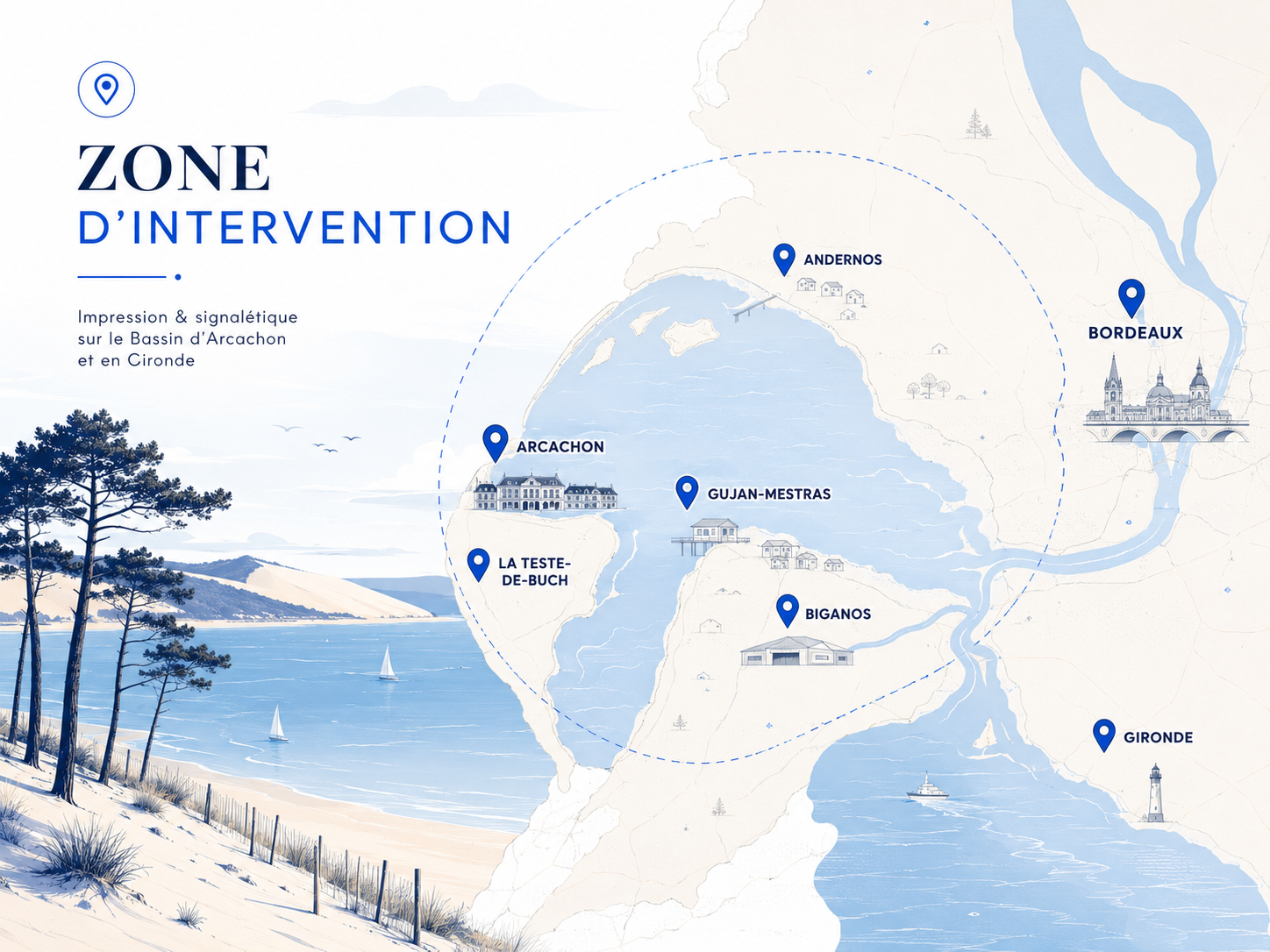 Zone d’intervention Imprimerie Arcachon sur le Bassin d’Arcachon, Bordeaux et la Gironde